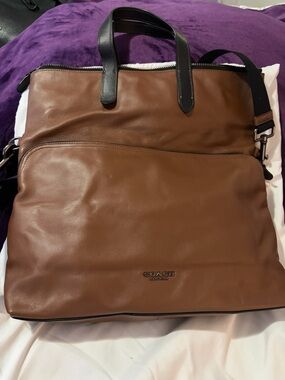 Coach Brown Leather Laptop Tote with Black Handles